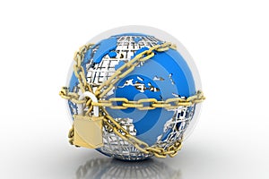 Earth globe close in chain and padlock