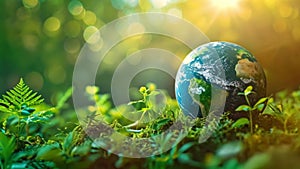 earth globe close up with sunlight and lush plants, green renewable energy and environmentalism concept