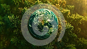 earth globe close up with trees, green leaves, green renewable energy and environmentalism concept