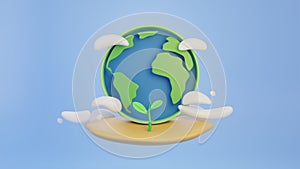 Earth Globe and Clouds.Eco product display banner template background.Minimal scene for mockup design. 3D rendering illustration