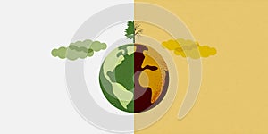 Earth globe, compared between green sustainability ecology and high pollution earth with death tree. Vector Illutration