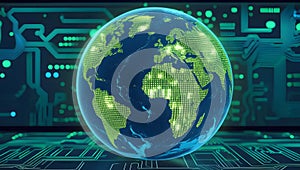 Earth globe composed of binary code on circuit board background