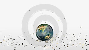 Earth Globe Crashing, golden coins falling on rotating umbrella, stock footage
