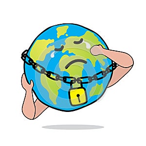 Earth globe is crying save our planet world sad because of coronavirus covid-19 global lockdown