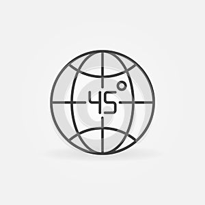 Earth globe and 45 degrees angle sign - vector outline icon