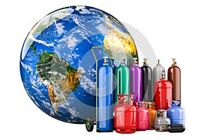 Earth Globe with different industrial liquefied gas cylinders, 3D rendering