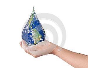 Earth, Globe in drop shape on hand  on white background, PNG File format. Elements of this image furnished by NASA