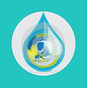 Earth globe in drop of water flat design vector