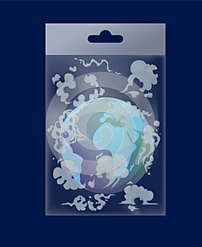 Earth globe with evaporation in polythene bag vector illustration flat style. Greenhouse effect, global warming