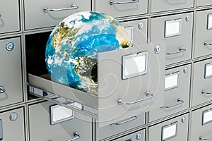 Earth Globe in filing cabinet. Global data storage, 3D rendering