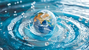 Earth Globe Floating in Water with Ripple Effect and Droplets in shape of Molecular Structure of Water. World Water Day, Earth Day