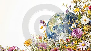 Earth globe in flowers. Eath day concept horizontal design template. photo