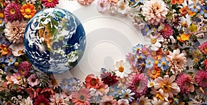 Earth globe in flowers. Eath day concept horizontal design template. World Environment day photo
