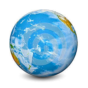 Earth globe focused on Pacific Ocean. Realistic topographical lands and oceans with bathymetry. 3D object isolated on