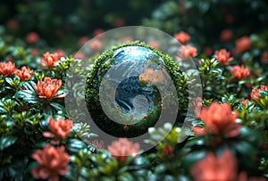 Earth globe in forest of flowers