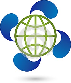 Earth globe and four water drops, energy and environmental logo