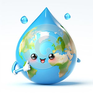 Earth globe with funny cartoon water drop shape. World Environmental Education Day. AI generated