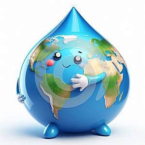 Earth globe with funny cartoon water drop shape. World Environmental Education Day. AI generated