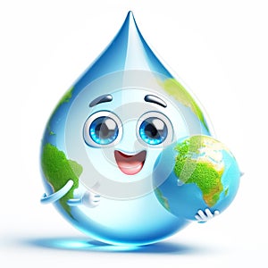 Earth globe with funny cartoon water drop shape. World Environmental Education Day. AI generated