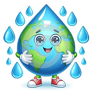 Earth globe with funny cartoon water drop shape. World Environmental Education Day. AI generated