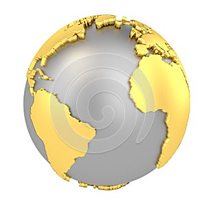 Earth globe with golden continents isolated on white background. World Map. 3D rendering illustration