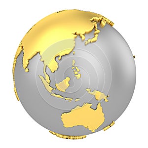 Earth globe with golden continents isolated on white background. World Map. 3D rendering illustration