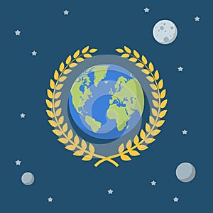 Earth globe with golden wreath on space background