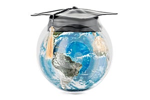 Earth Globe with graduate cap. Global education concept, 3D rend