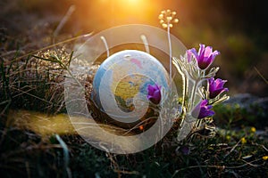 Earth globe in the grass next to a beautiful purple flowers close up. Awakening of the planet and the first spring flowers