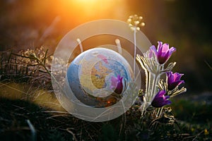 Earth globe in the grass next to a beautiful purple flowers close up. Awakening of the planet and the first spring flowers.