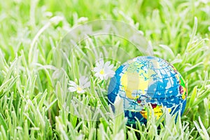 Earth globe on the grass. Save the nature. Enviroment. April 22 earth day theme. Summer day, concept of ecology and saving the