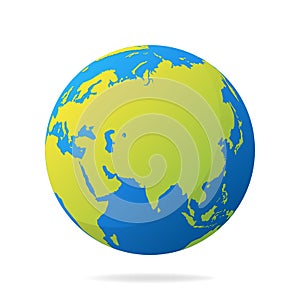 Earth globe with green continents. Modern 3d world map concept. World map realistic blue ball vector illustration