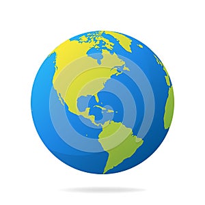 Earth globe with green continents. Modern 3d world map concept. World map realistic blue ball vector illustration