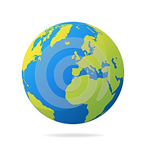 Earth globe with green continents. Modern 3d world map concept. World map realistic blue ball vector illustration