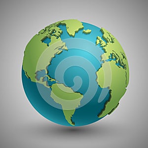 Earth globe with green continents. Modern 3d world map concept
