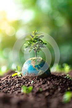 Earth globe with green leaves and plants in nature. Environment and conservation concept. International Mother Earth Day