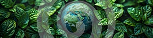 Earth globe with green leaves and plants in nature. Environment and conservation concept. International Mother Earth Day