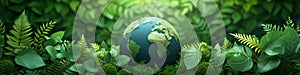 Earth globe with green leaves and plants in nature. Environment and conservation concept. International Mother Earth Day