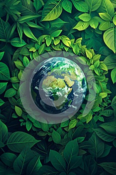 Earth globe with green leaves and plants in nature. Environment and conservation concept. International Mother Earth Day