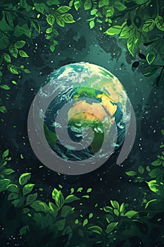 Earth globe with green leaves and plants in nature. Environment and conservation concept. International Mother Earth Day