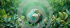 Earth globe with green leaves and plants in nature. Environment and conservation concept. International Mother Earth Day