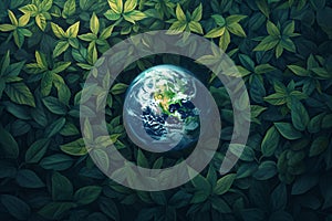 Earth globe with green leaves and plants in nature. Environment and conservation concept. International Mother Earth Day