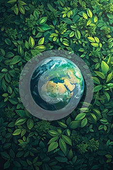 Earth globe with green leaves and plants in nature. Environment and conservation concept. International Mother Earth Day