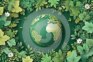 Earth globe with green leaves and plants in nature. Environment and conservation concept. International Mother Earth Day