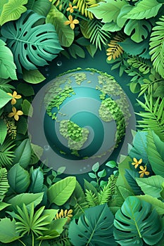 Earth globe with green leaves and plants in nature. Environment and conservation concept. International Mother Earth Day