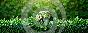Earth globe with green leaves and plants in nature. Environment and conservation concept. International Mother Earth Day