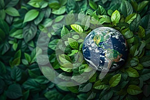 Earth globe with green leaves and plants in nature. Environment and conservation concept. International Mother Earth Day