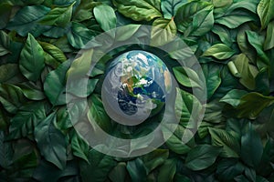 Earth globe with green leaves and plants in nature. Environment and conservation concept. International Mother Earth Day