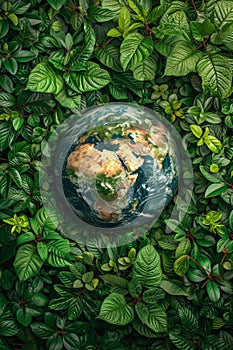 Earth globe with green leaves and plants in nature. Environment and conservation concept. International Mother Earth Day