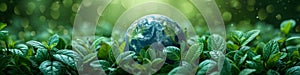 Earth globe with green leaves and plants in nature. Environment and conservation concept. International Mother Earth Day